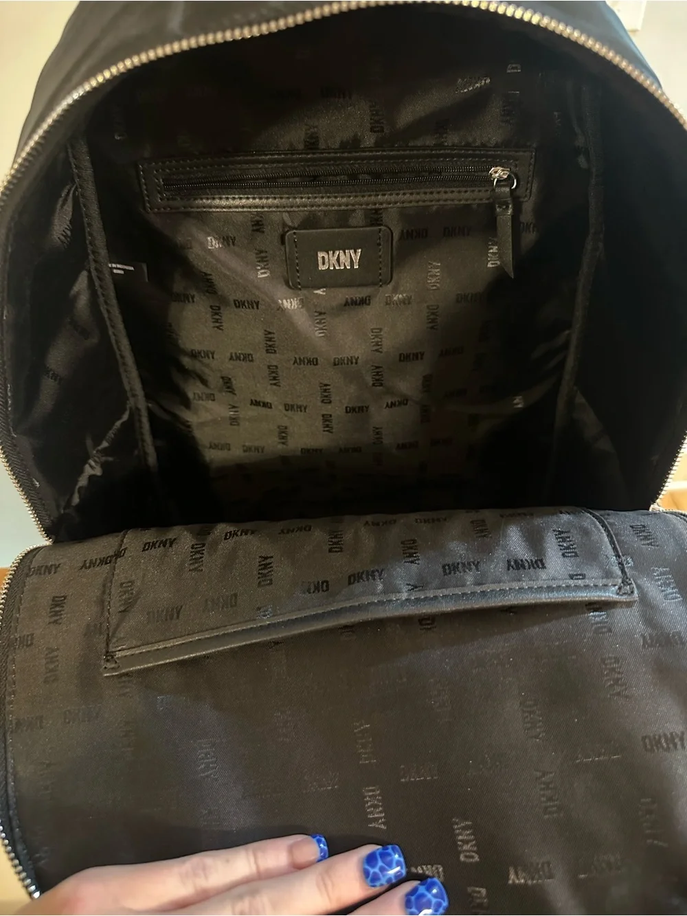 DKNY Black Quilted Nylon Backpack with Mini Pouch Charm